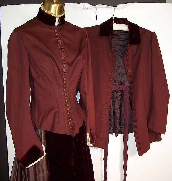 Victorian Burgundy Wool Velvet Bustle Skirt Bodice Jacket Visiting Gown Dress front top view.