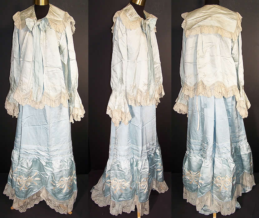 Edwardian Blue Silk Embroidered Bow Lace Bed Jacket Robe Petticoat Skirt Trousseau Front view.