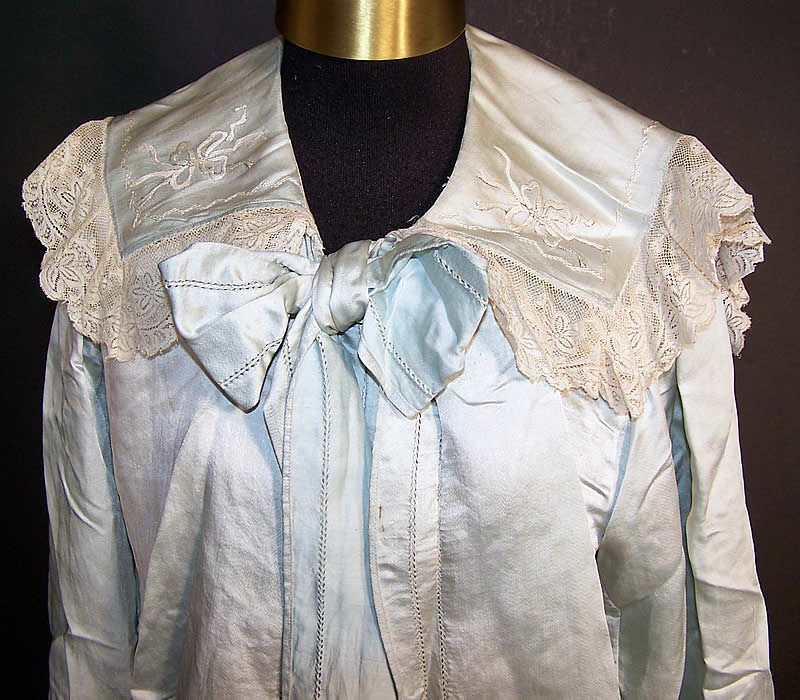 Edwardian Blue Silk Embroidered Bow Lace Bed Jacket Robe Petticoat Skirt Trousseau front top View.