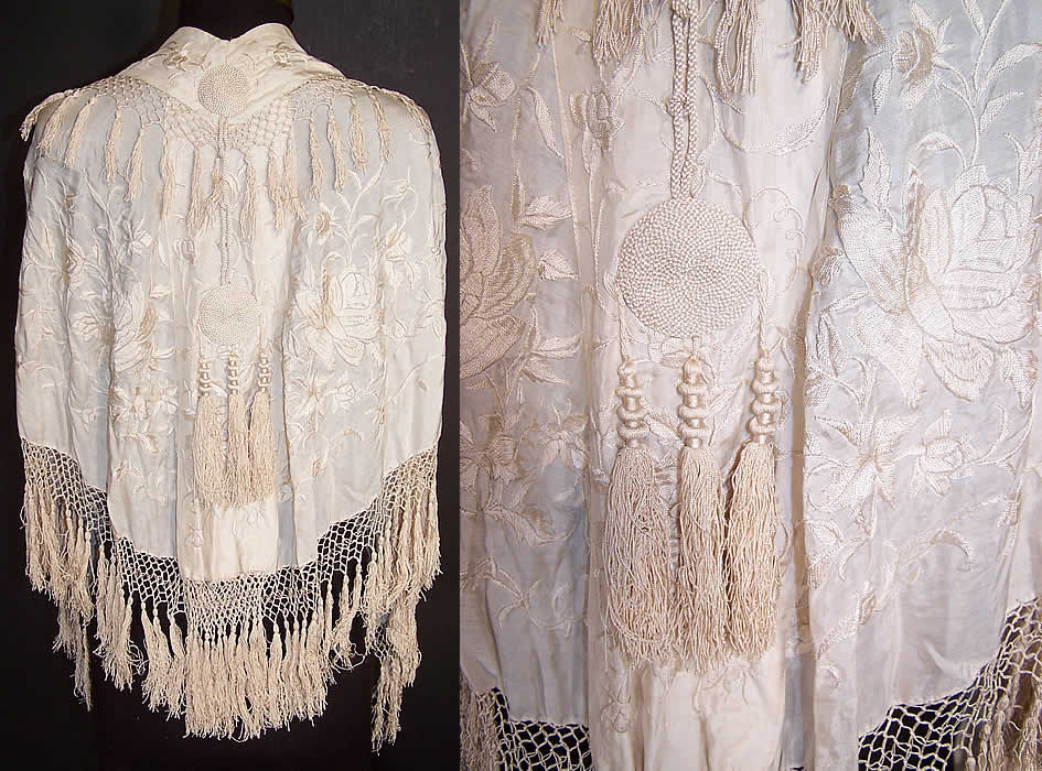  Antique White Silk Embroidered Tassel Wedding Shawl Cape Cloak  Back View.