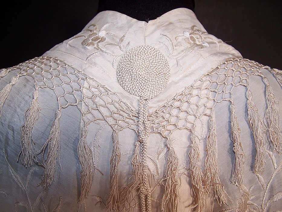 Antique White Silk Embroidered Tassel Wedding Shawl Cape Cloak back view.