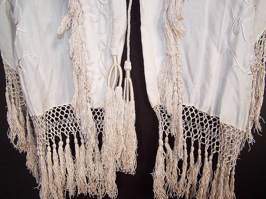 Antique White Silk Embroidered Tassel Wedding Shawl Cape Cloak  Close up.