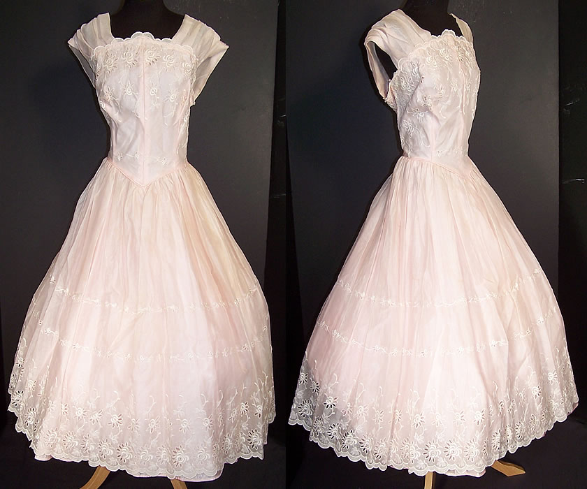 Vintage Carol Gowns Mr Walter Pink Organdy Eyelet Embroidered Circle Skirt Dress Front view.