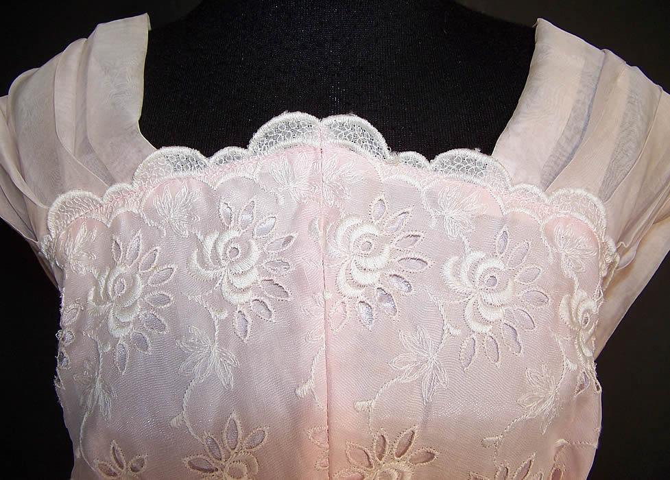 Vintage Carol Gowns Mr Walter Pink Organdy Eyelet Embroidered Circle Skirt Dress close-up view.