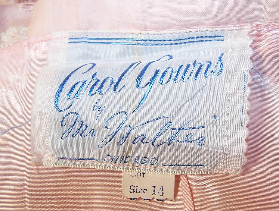 Vintage Carol Gowns Mr Walter Pink Organdy Eyelet Embroidered Circle Skirt Dress Close up.