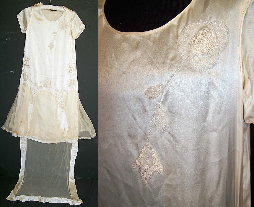  Vintage Cream Silk Beaded Rosette Wedding Dress Watteau Train Gown Front View.