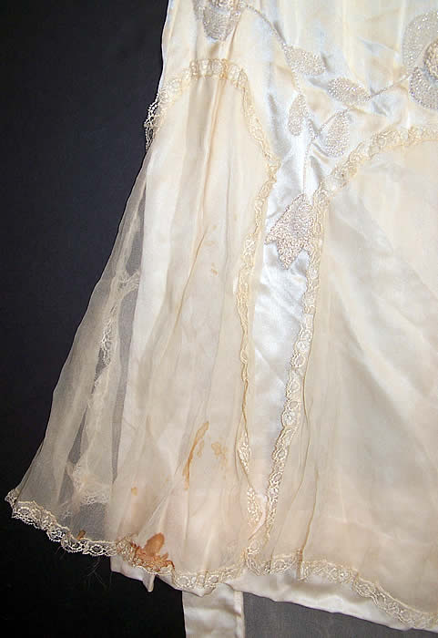 Vintage Cream Silk Beaded Rosette Wedding Dress Watteau Train Gown side view.