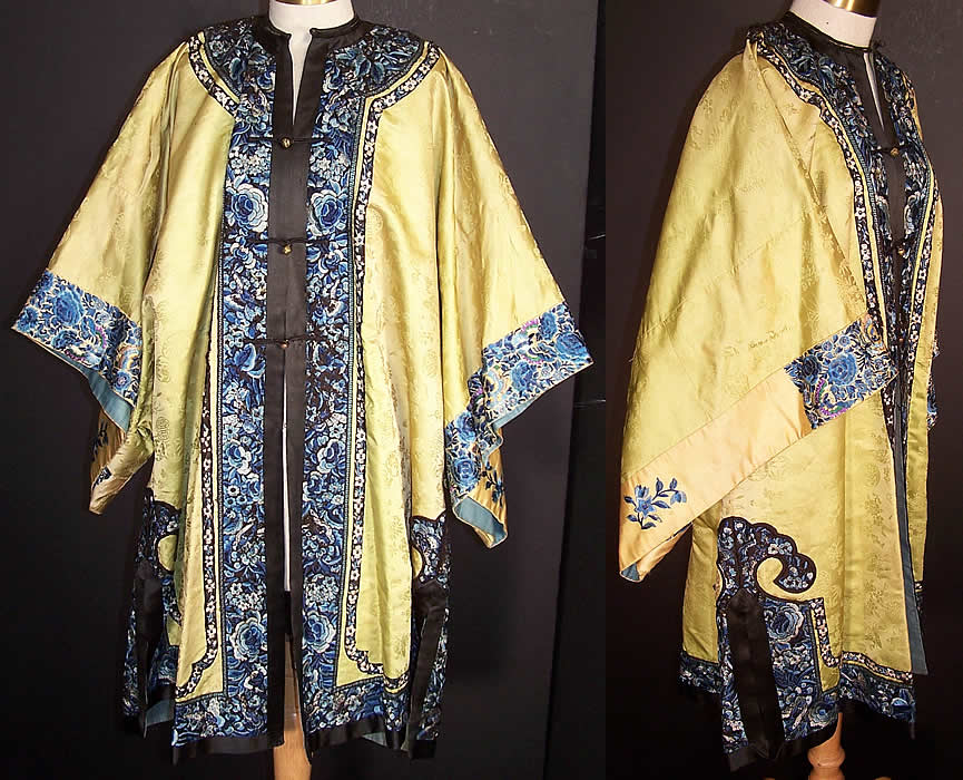 Antique Chinese Chartreuse Green Silk Floral Butterfly Embroidered Robe Front view.