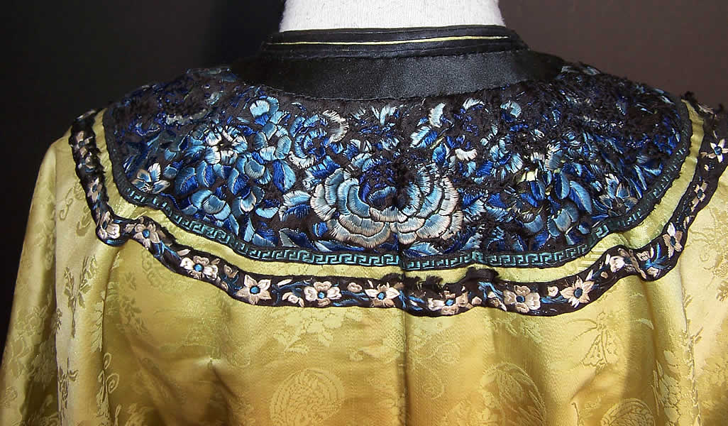 Antique Chinese Chartreuse Green Silk Floral Butterfly Embroidered Robe close up back view.