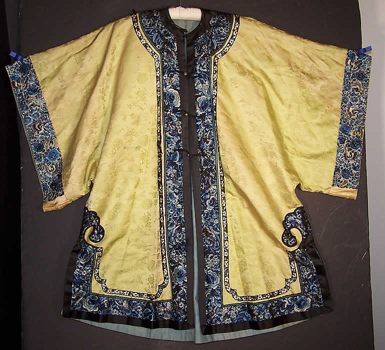 Antique Chinese Chartreuse Green Silk Floral Butterfly Embroidered Robe 