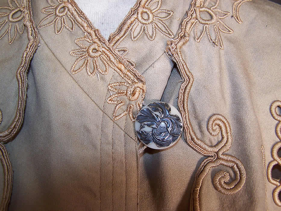 Annie Low Edwardian Ecru Wool Embroidered Eyelet Double Breasted Coat Jacket button close up