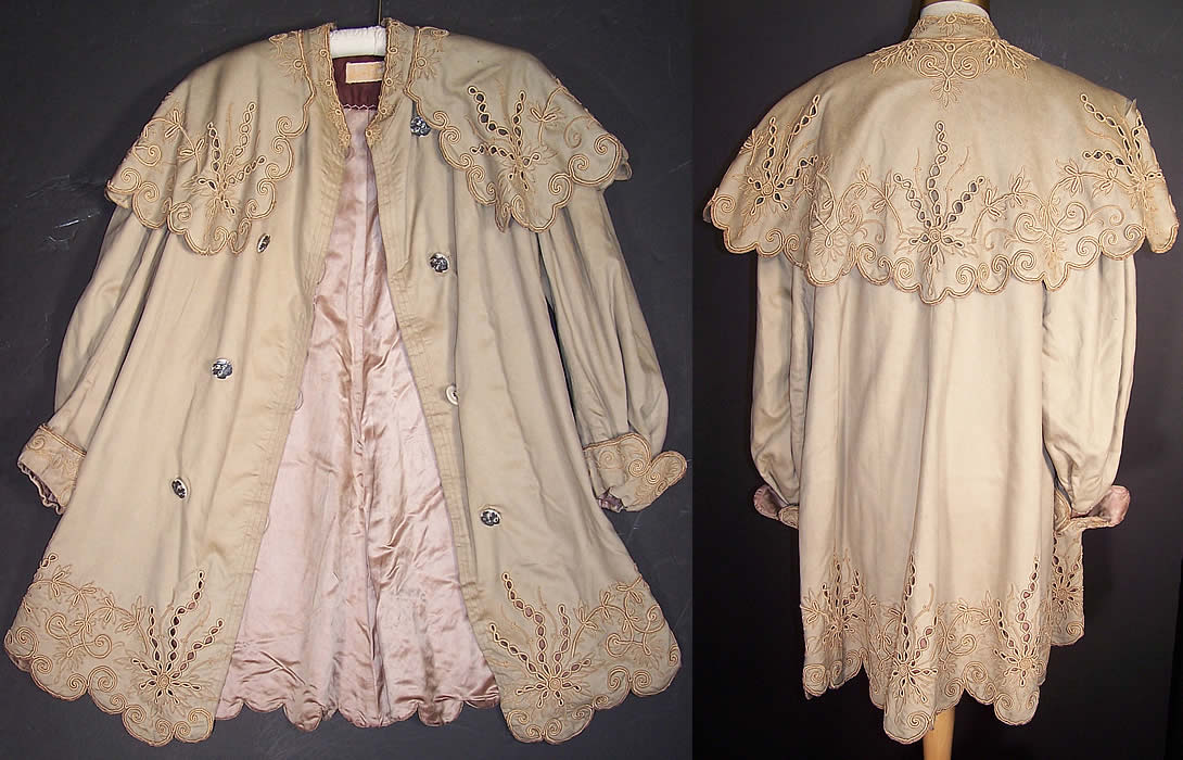 Annie Low Edwardian Ecru Wool Embroidered Eyelet Double Breasted Coat Jacket front and back