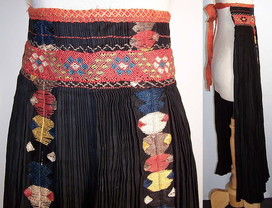  Vintage Czech Bohemia Folk Costume Pleated Embroidered Apron Skirt close up and side view