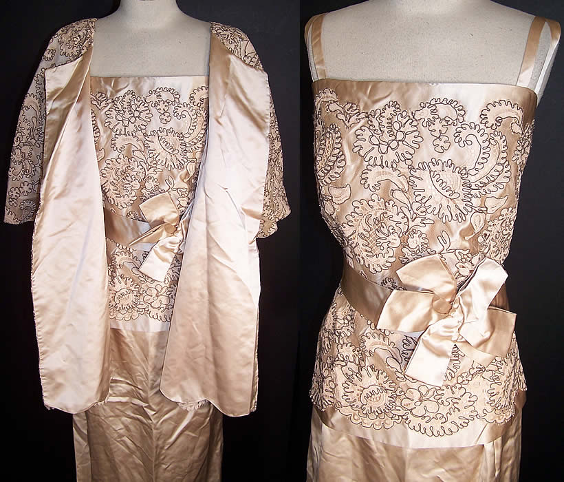 Vintage Lou Lattimore Cream Silk Satin Lace Evening Gown Dress Jacket close up front and back
