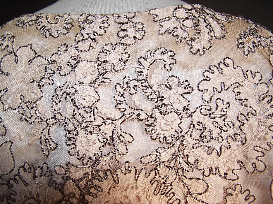 Vintage Lou Lattimore Cream Silk Satin Lace Evening Gown Dress Jacket closer up