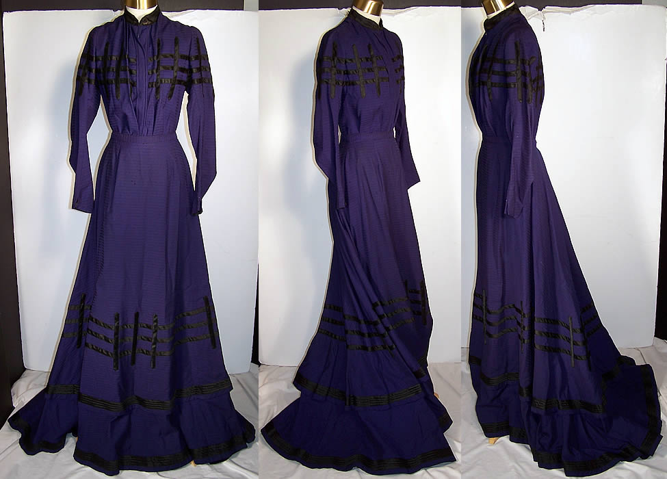 Victorian Violet Purple Wool Black Lattice Visiting Gown Dress Bodice Skirt Train Front & 2 side iews