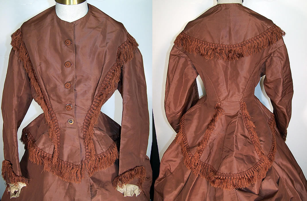  Victorian Brown Silk Fringe Bustle Hoop Skirt Apron Bodice Day Dress front & back top view.
