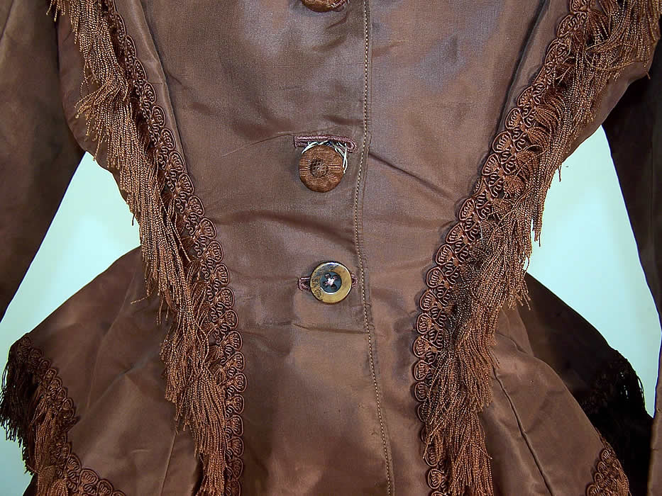 Victorian Brown Silk Fringe Bustle Hoop Skirt Apron Bodice Day Dress Close up.