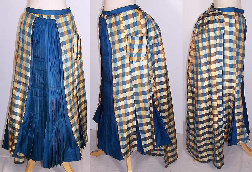 Victorian Girls Blue & Yellow Silk Plaid Pleated Bustle Skirt Front view.