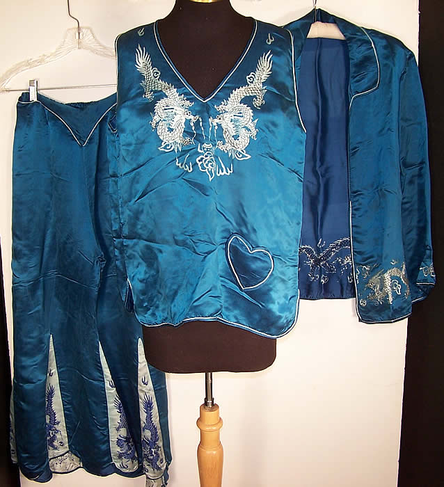 Vintage Blue Silk Embroidered Asian Dragon Pajamas Lounge Set