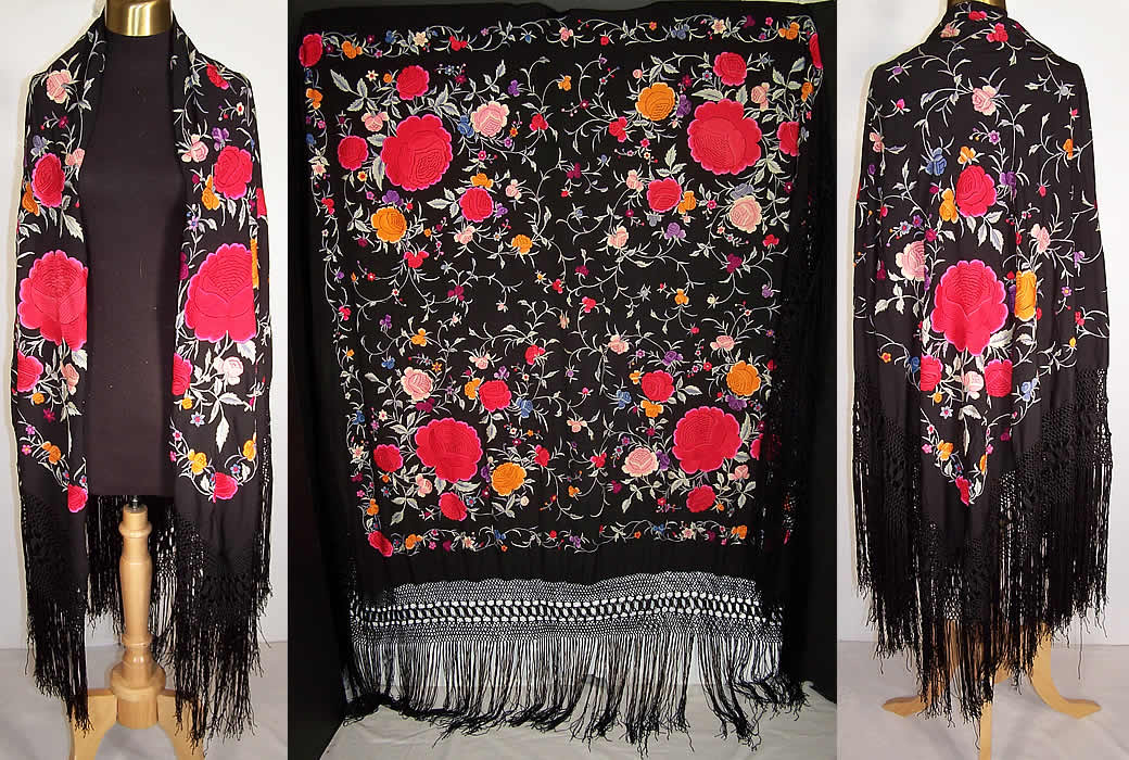 Antique Floral Red Roses Black Silk Embroidered Canton Piano Shawl Front view.