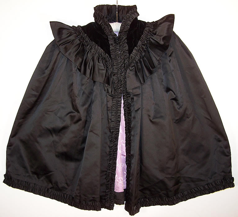 Victorian Mourning Black Silk Ruched Velvet Stand Up Collar Cloak Cape