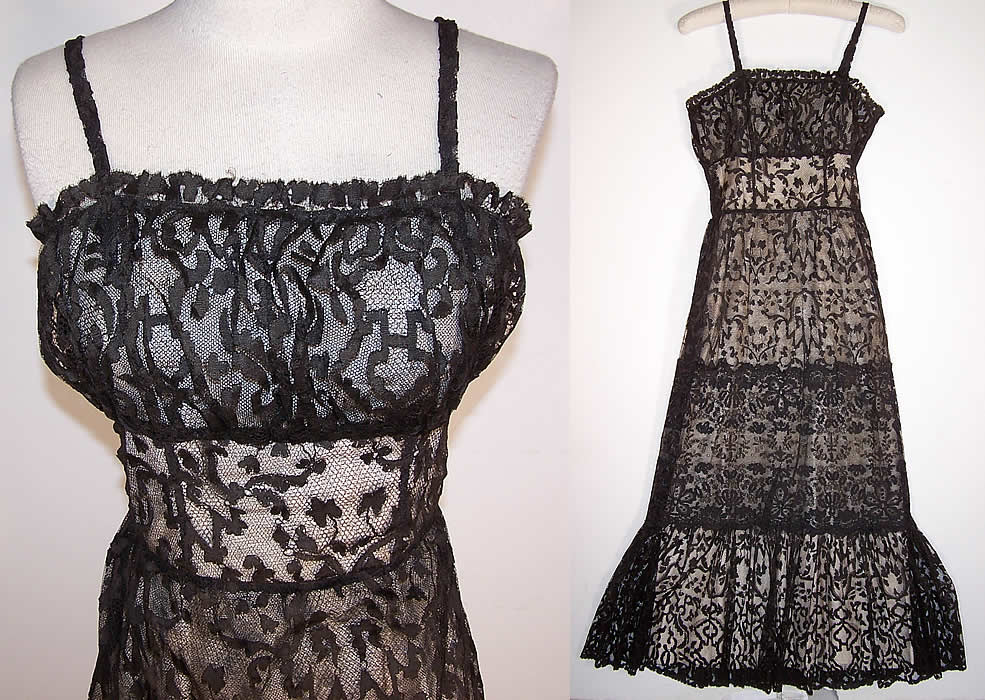 Vintage Black Lace Long Floor Length Sheath Sundress Gown