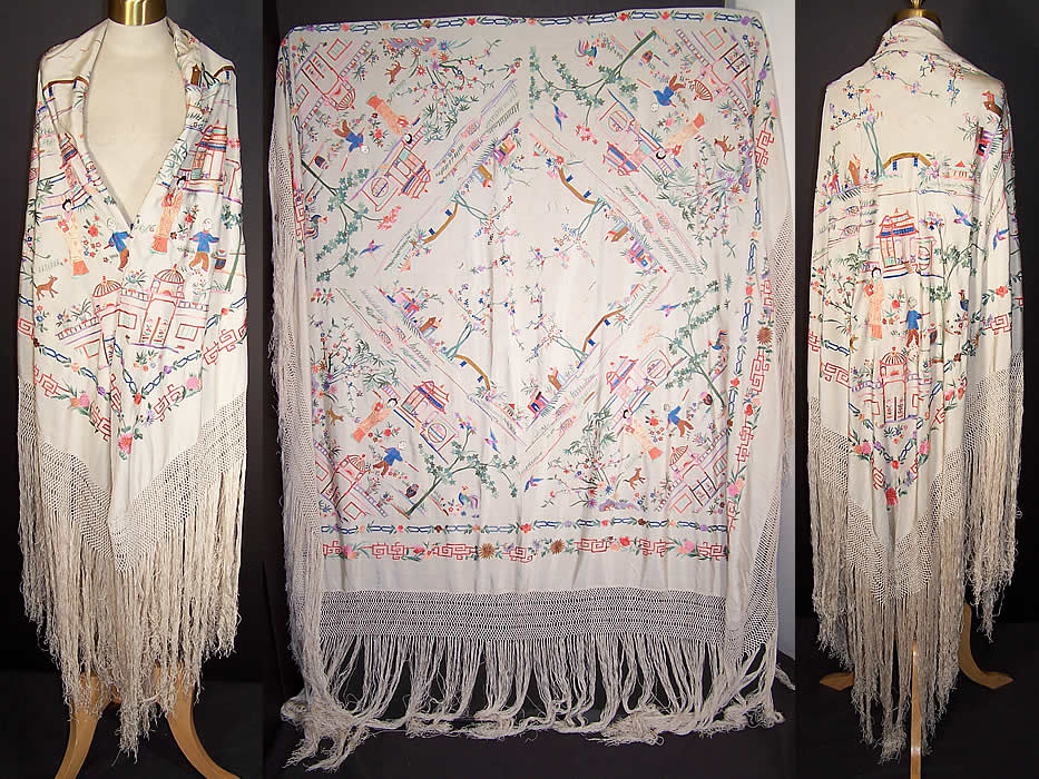 Antique Chinese Figural White Silk Embroidered Canton Piano Shawl