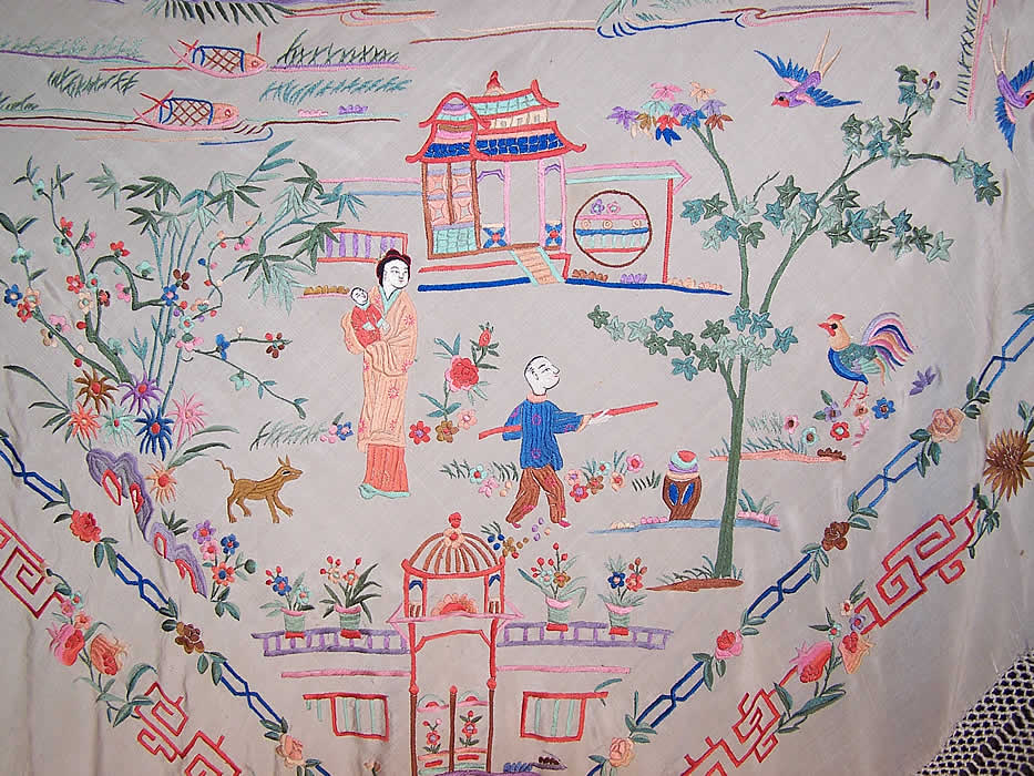 Antique Chinese Figural White Silk Embroidered Canton Piano Shawl  semi close up