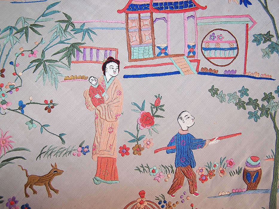 Antique Chinese Figural White Silk Embroidered Canton Piano Shawl Close up family.