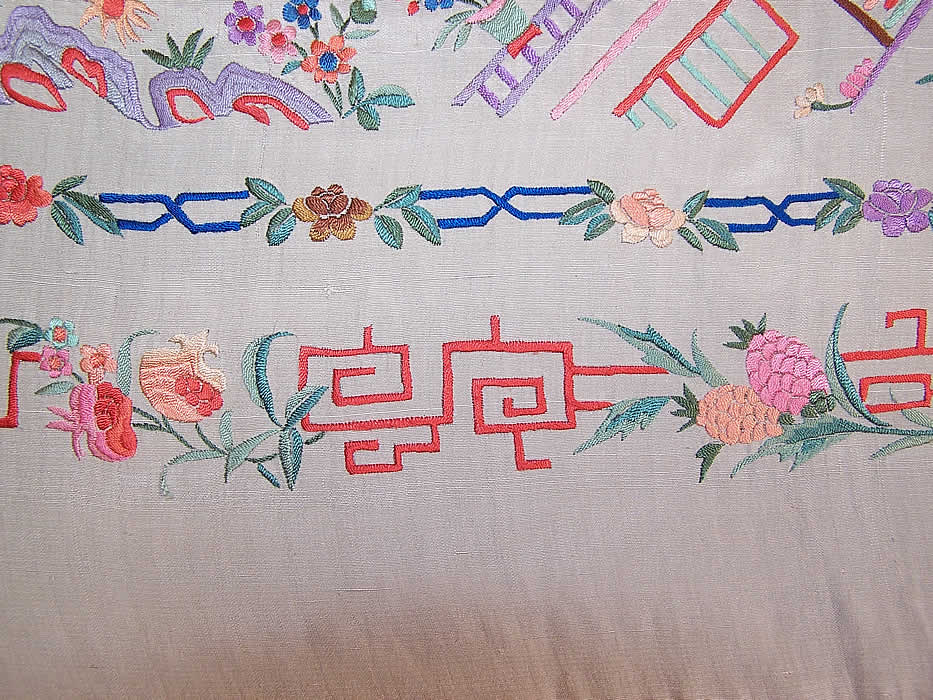 Antique Chinese Figural White Silk Embroidered Canton Piano Shawl extreme close up.