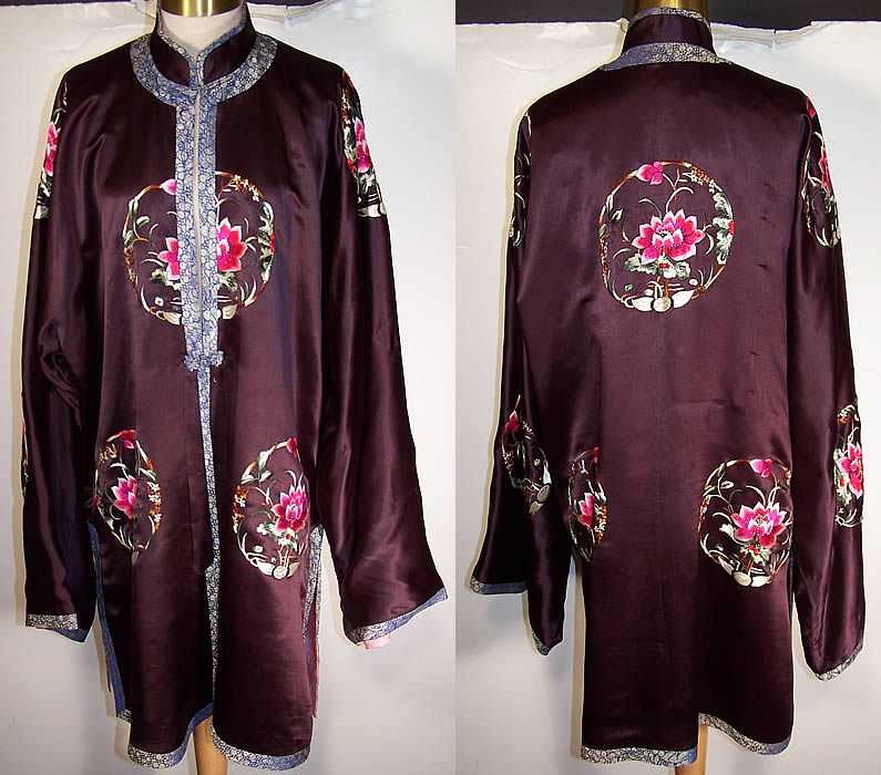 Vintage Chinese Silk Embroidered Forbidden Stitch Lotus Flower Robe Coat front & back view.