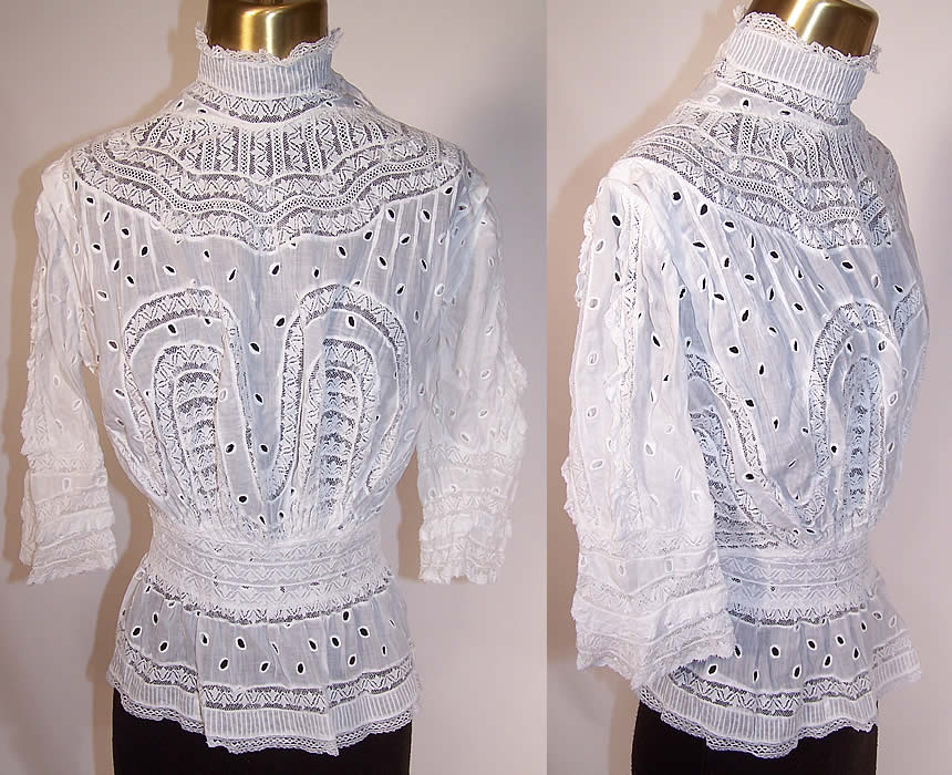 Edwardian White Batiste Eyelet Lace Peplum Waist Skirt Blouse