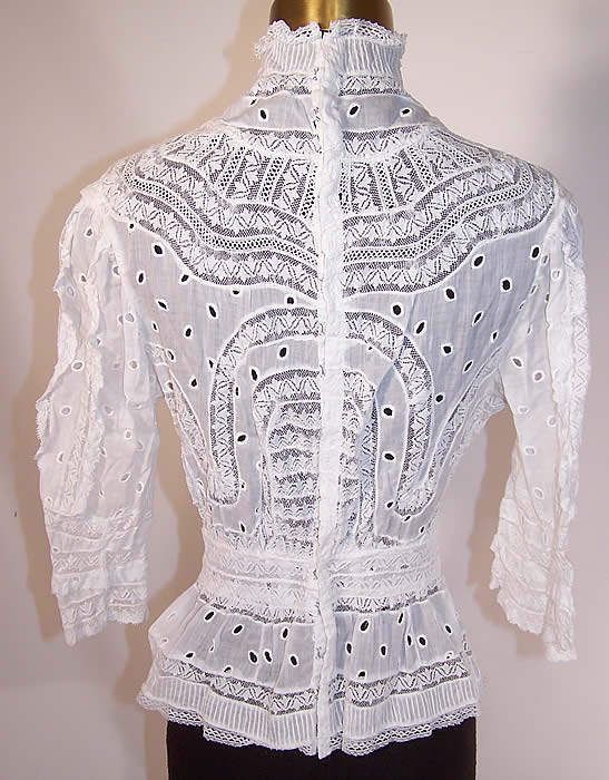 Edwardian White Batiste Eyelet Lace Peplum Waist Skirt Blouse Back View.