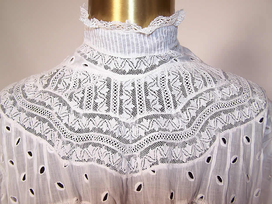 Edwardian White Batiste Eyelet Lace Peplum Waist Skirt Blouse close up