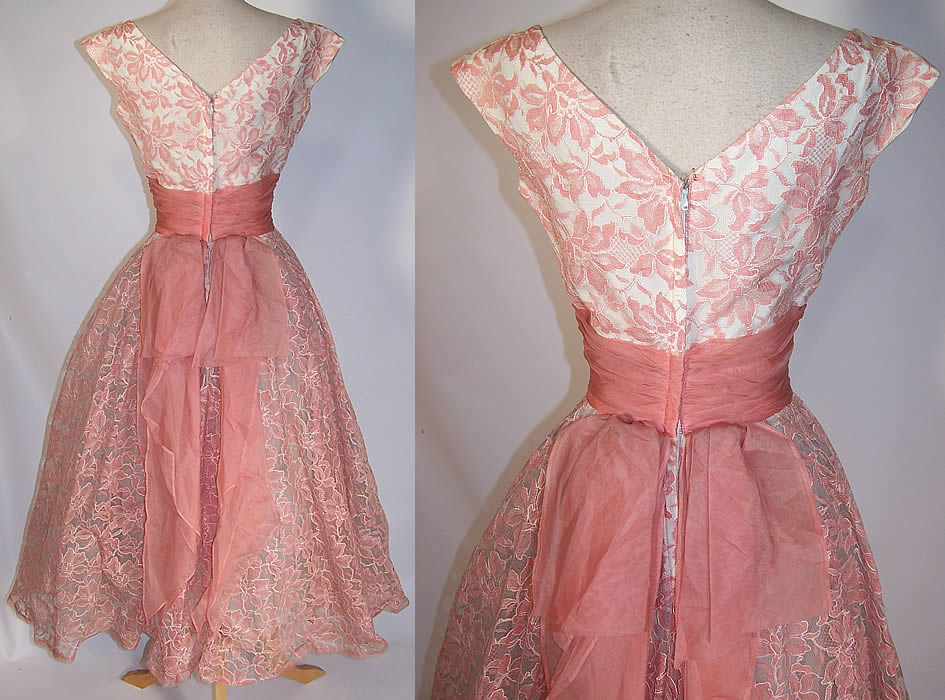Vintage Pink & White Tulle Net Lace Circle Skirt Dress Formal  back view and back view close up