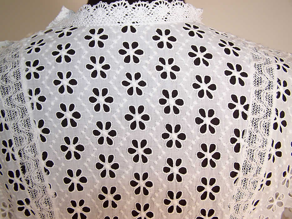 Edwardian White Eyelet Batiste Lawn Lace Graduation Gown Wedding Dress back close up