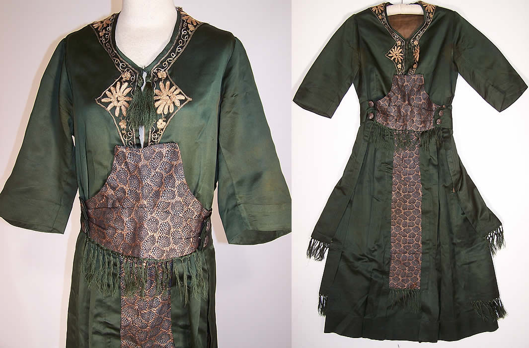Edwardian Titanic Green Silk Gold Lamé Embroidered Net Fringe Gown Dress close up and hanging