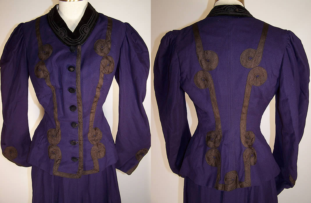 Victorian Violet Purple Wool Black Soutache Walking Suit Bodice Jacket Skirt close up front & back