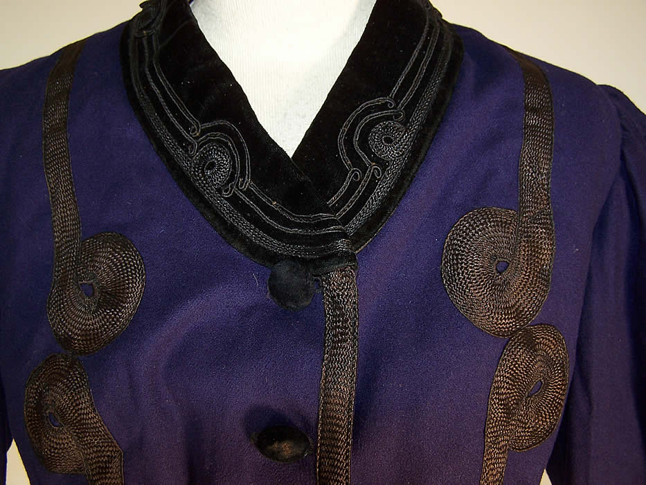 Victorian Violet Purple Wool Black Soutache Walking Suit Bodice Jacket Skirt extreme close up