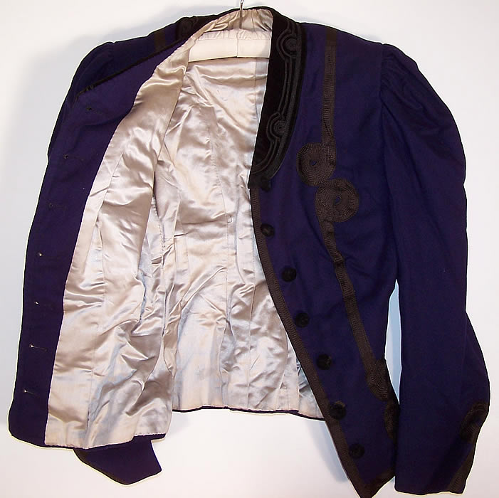Victorian Violet Purple Wool Black Soutache Walking Suit Bodice Jacket shows the lining