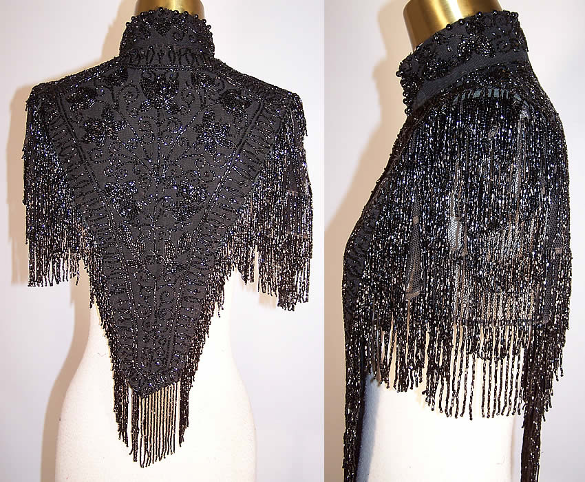 Victorian Black Silk Jet Beaded Fringe Mantle Cape Capelet back and side