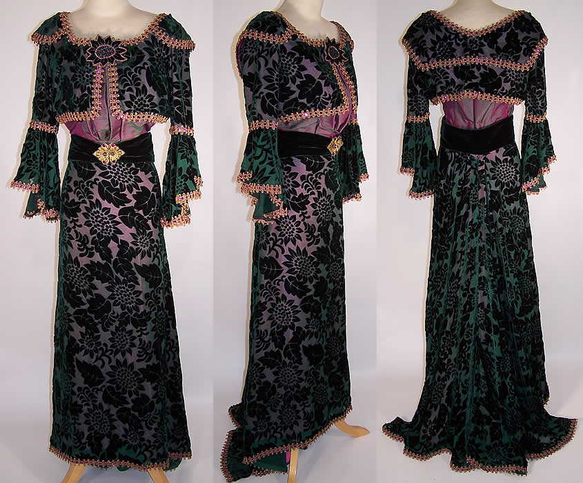 Reproduction Victorian Purple Green Silk Burnt Cut Voided Velvet Dress Skirt Blouse Belt