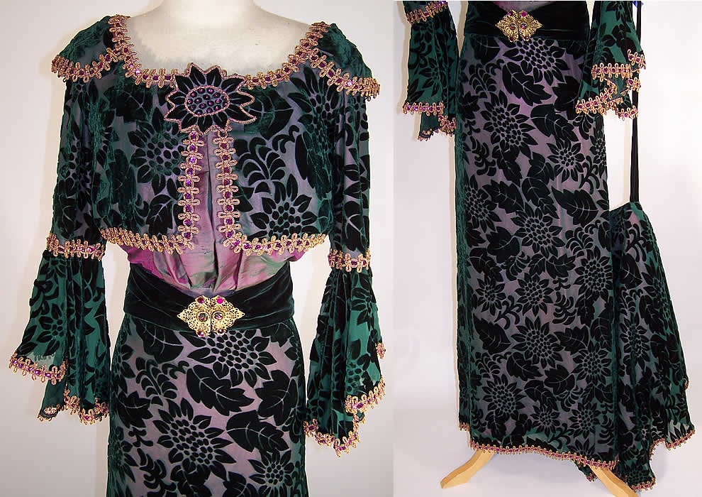 Reproduction Victorian Purple Green Silk Burnt Cut Voided Velvet Dress Skirt Blouse Belt close up and showing back train and velvet loop