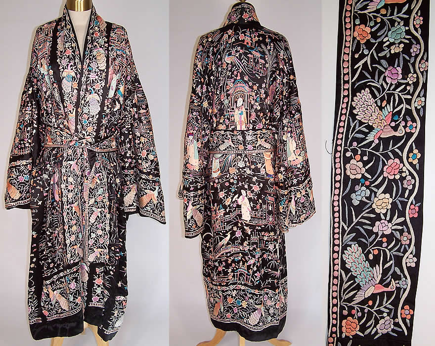 Antique Chinese Figural Peacock Silk Embroidered Canton Piano Shawl Robe Coat front, back & sash close up