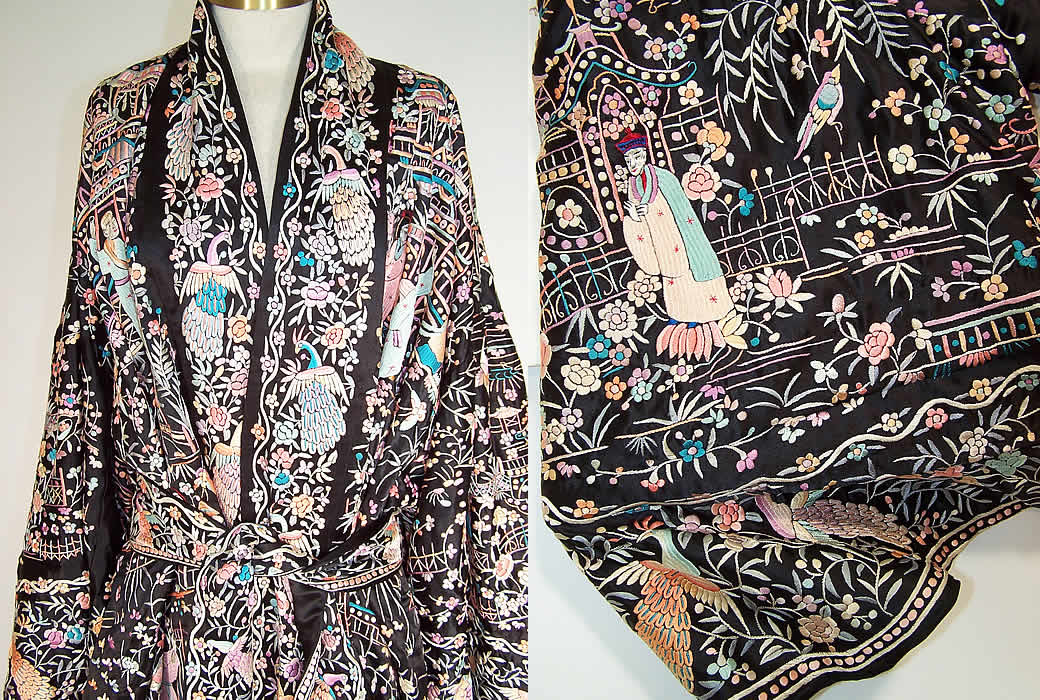 Antique Chinese Figural Peacock Silk Embroidered Canton Piano Shawl Robe Coat close up & extreme close up