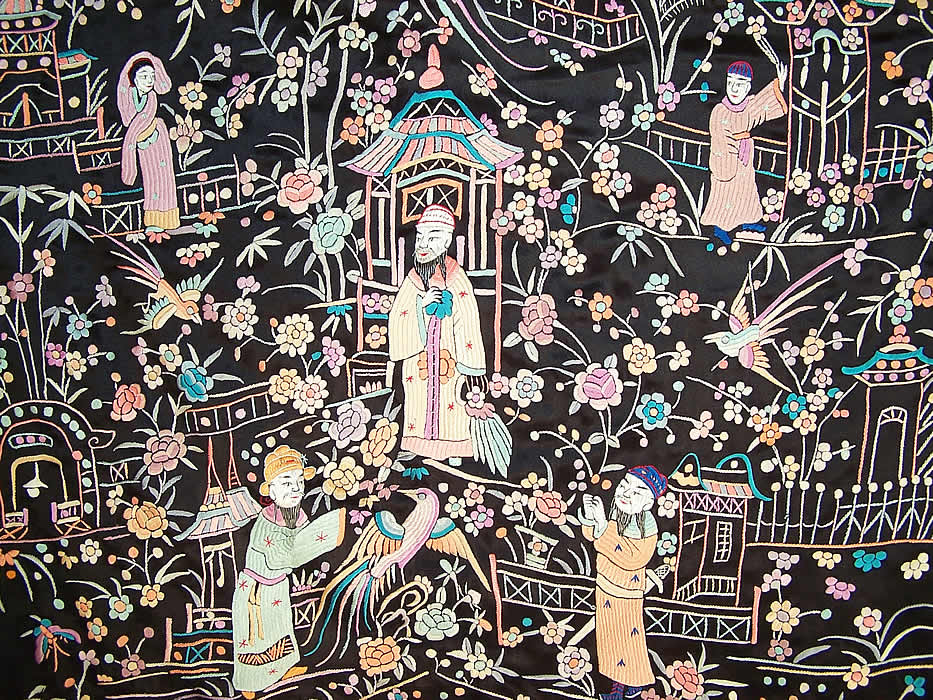 Antique Chinese Figural Peacock Silk Embroidered Canton Piano Shawl Robe Coat close up