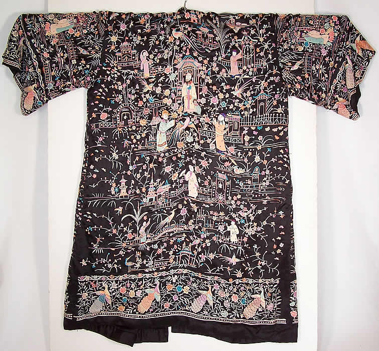 Antique Chinese Figural Peacock Silk Embroidered Canton Piano Shawl Robe Coat