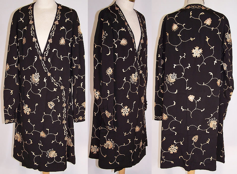 Art Deco Black Silk Ecru Chain Stitch Embroidered Robe Dress Coat