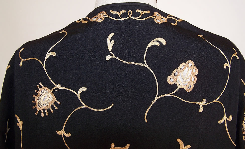 Art Deco Black Silk Ecru Chain Stitch Embroidered Robe Dress Coat Back View close up